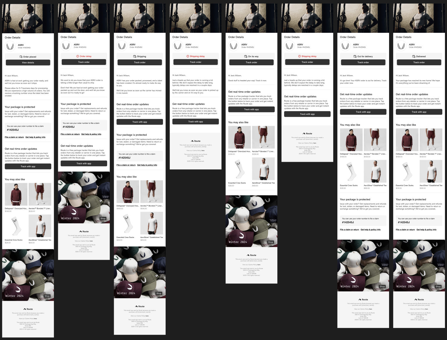 Route's 8-email tracking series showing different stages from order confirmation to delivery
